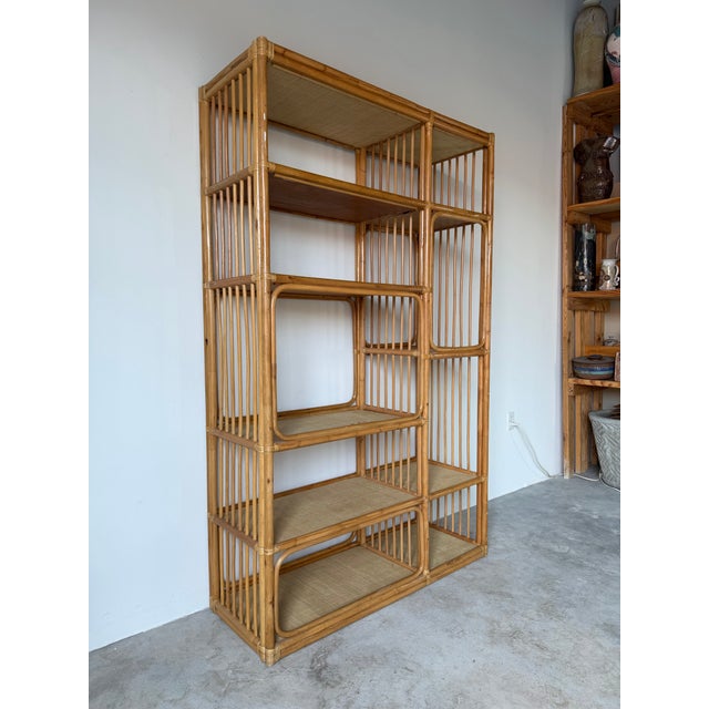 Large- Vintage Coastal Rattan Bookcase Étagère With Cane Shelves For Sale In Miami - Image 6 of 12