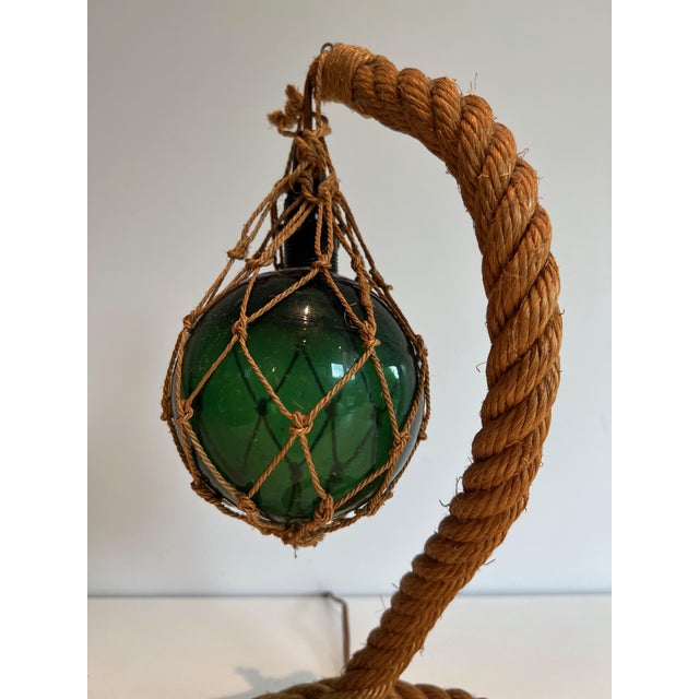 Mid-Century Modern 1950s Mid-Century Modern Rope and green glass table lamp by Adrien Audoux & Frida Minet (Audoux Minet) For Sale - Image 3 of 12