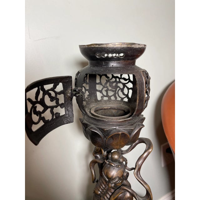 Metal Antique Japanese Bronze Statue of a Oni Warrior Incense Burner For Sale - Image 7 of 11