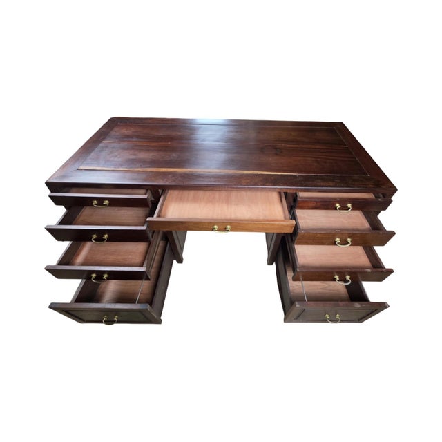 Vintage Asian-Inspired Dark Wood Executive Desk With Brass Hardware & Fretwork For Sale - Image 9 of 12