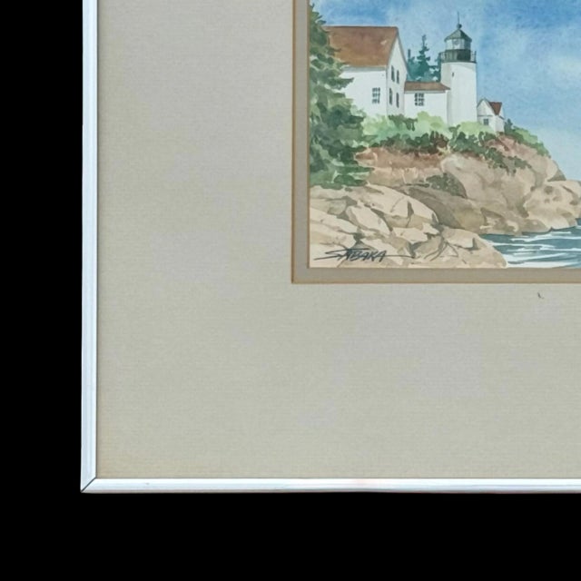 Vintage Coastal Watercolor Bass Harbor Maine Lighthouse Painting - Signed “Sabaka” For Sale - Image 4 of 10