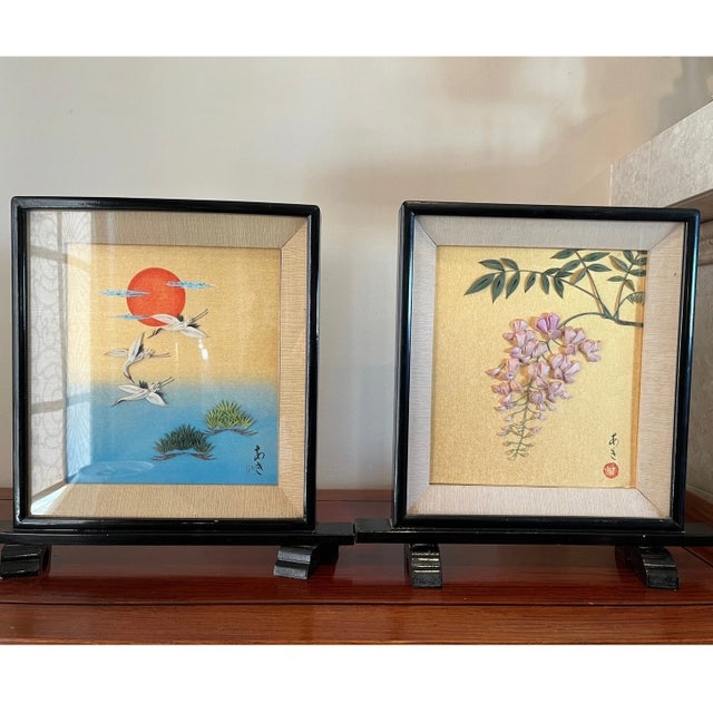 This striking pair of vintage Japanese Oshie (padded fabric relief) artworks features classic Showa-era motifs: Three...
