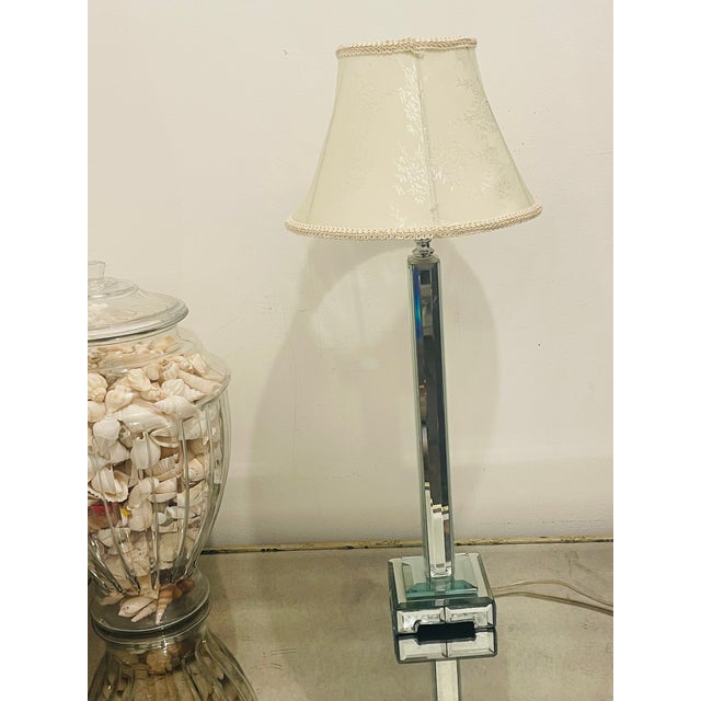 Vintage Ralph Lauren style mirrored pillar table lamp with silk brocade shade.