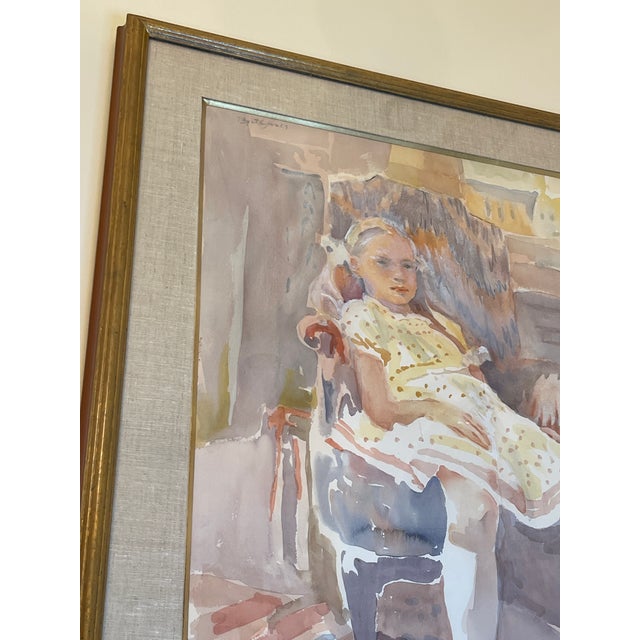 Ink Blue 1970s Impressionist Original Watercolor Savannah Art Myrtle Jones Slouching Girl Gilded Frame For Sale - Image 8 of 14