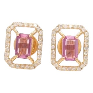1.12 cts Natural pink sapphire and 0.38 cts diamond earrings in 14k gold For Sale