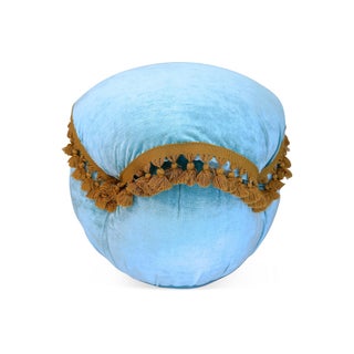 Light Blue Velvet Fringed Ottoman For Sale