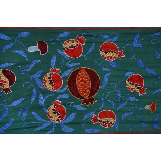 Dark Green Green Uzbek Suzani Embroidered Table Runner – Red Pomegranate Floral Boho Textile 1'8'' X 6'1'' For Sale - Image 8 of 12