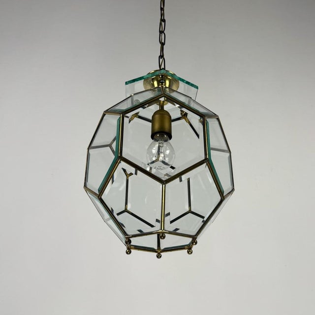 Italian Brass and Beveled Glass Pendant Light in the style of Adolf Loos, 1960s For Sale - Image 6 of 11