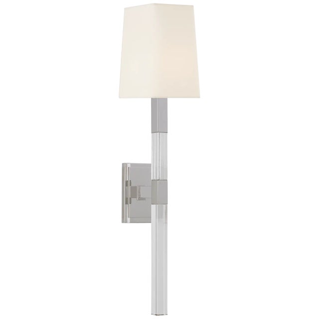 Chapman & Myers for Visual Comfort Signature Reagan Medium Tail Sconce in Polished Nickel & Crystal with Linen Shade For Sale