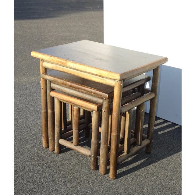 French Country Set of Three Vintage French Country Bamboo Nesting Tables -Tiki Palm Beach Style For Sale - Image 3 of 13