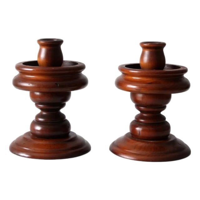 Vintage Turned Wood Candlesticks Pair For Sale