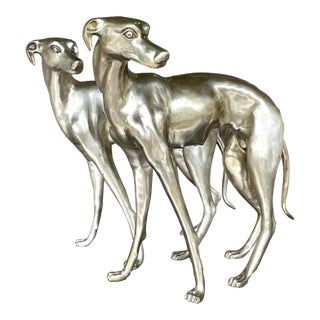 Vintage Boho Monumental White Brass Standing Dogs - a Pair For Sale