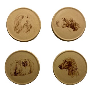 Set of 4 Vintage Honiton Pottery England Round Ceramic Dogs Coasters For Sale