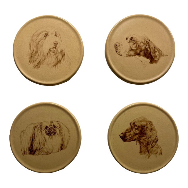 Set of 4 Vintage Honiton Pottery England Round Ceramic Dogs Coasters For Sale