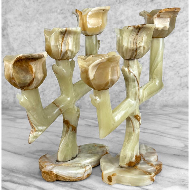 Vintage Italian Onyx Stone Tulip Candelabra Candlestick Holders - Set of 3 For Sale - Image 4 of 11