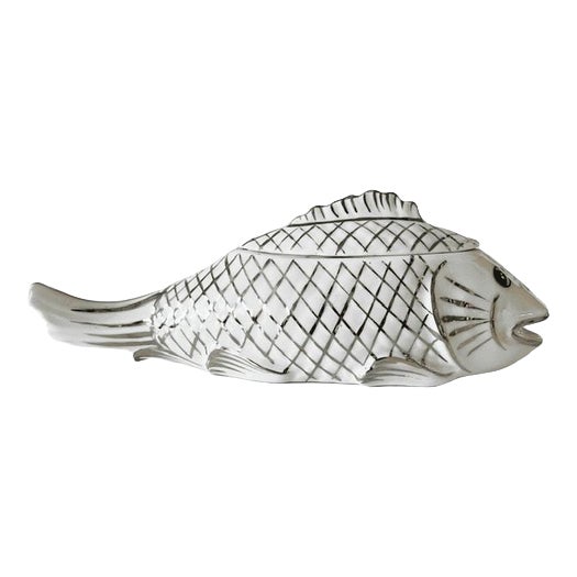 Antique Coiffe Fish Box in White Porcelain with Silver French Terrine from Limoges, 1890s For Sale