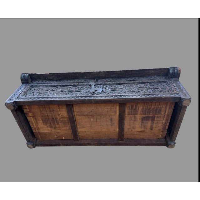 Wood Antique Carved Wood Cassone Blanket Chest Trunk Coffee Table 60” Renaissance For Sale - Image 7 of 10