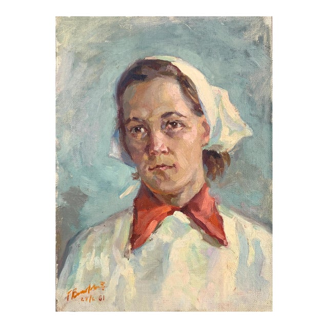 Soviet Woman Portrait, Antique Oil Painting, Ukrainian Artist (1961) 39-28 For Sale