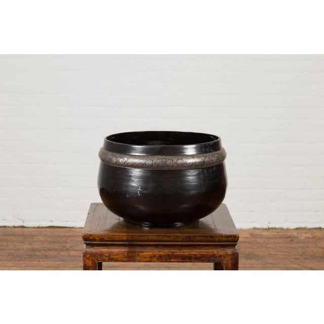 Burmese Vintage Black Lacquer Bowl with Silver Toned Frieze of Palmettes For Sale - Image 10 of 12