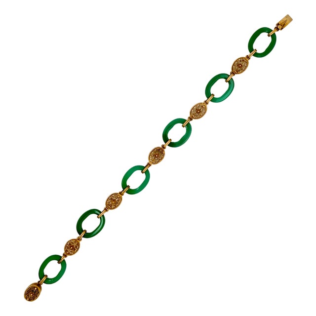 Vintage 14k Gold and Green Chrysoprase Link Bracelet For Sale