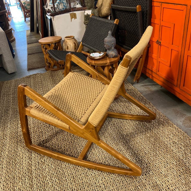Boho Chic Teak and Natural Rope Rocking Chair | Chairish