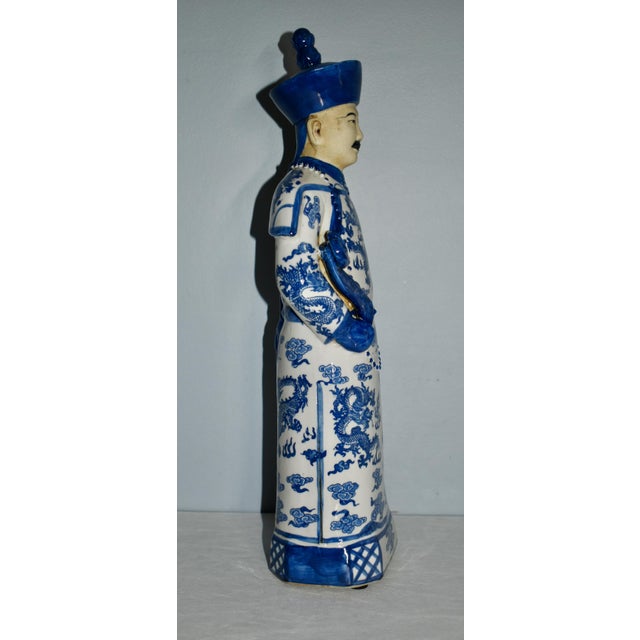 Ceramic Vintage Blue & White Porcelain Qing Emperor Statue For Sale - Image 7 of 12