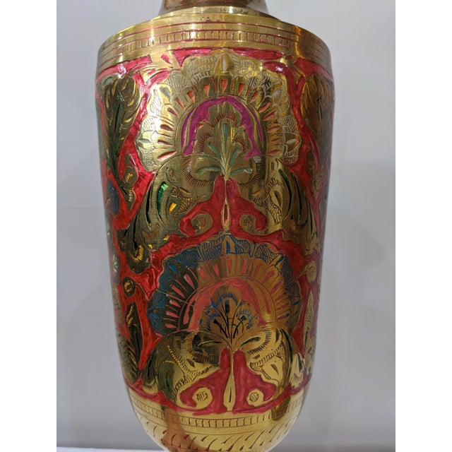 Late 20th Century Large Brass Enameled Vases - a Pair For Sale - Image 10 of 11