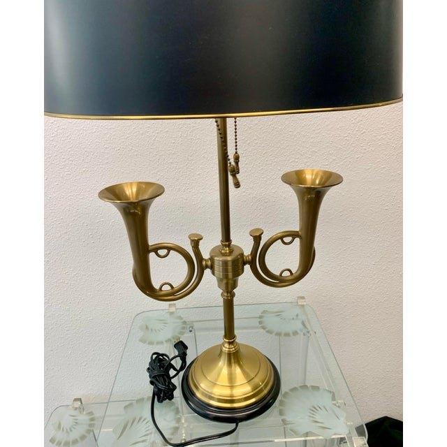 Late 20th Century Vintage Brass Dual French Horn Bouillotte Lamp Adjustable Black Tole Shade For Sale - Image 5 of 7