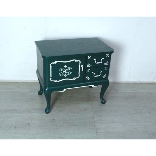 Chippendale Style Bedside Table in Dark Green with White Ornaments, 1950s For Sale - Image 3 of 7
