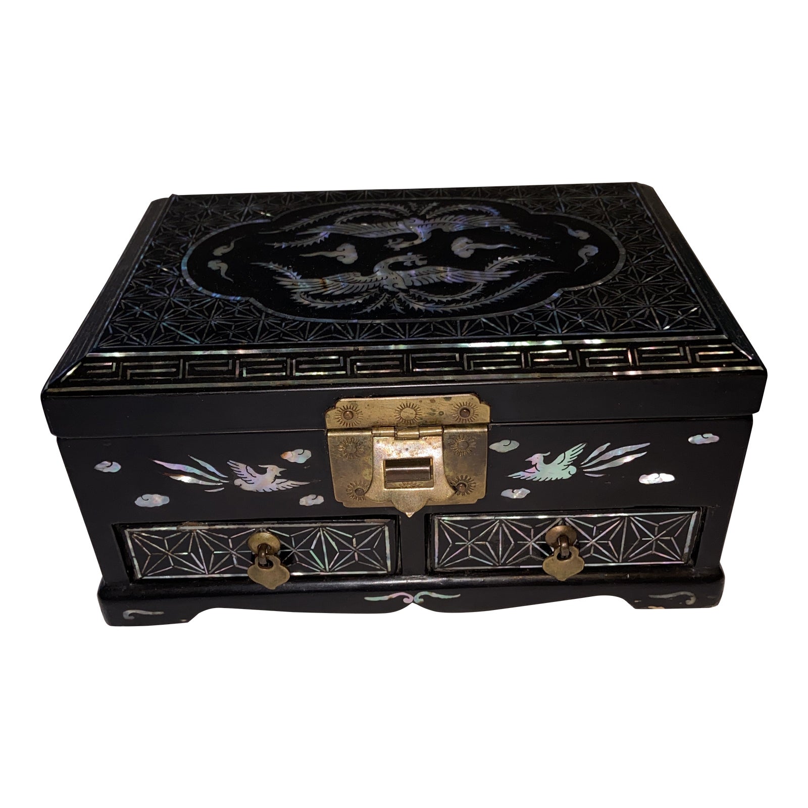 Vintage Korean Jewelry Box Black Lacquer With Mother of Pearl Inlay