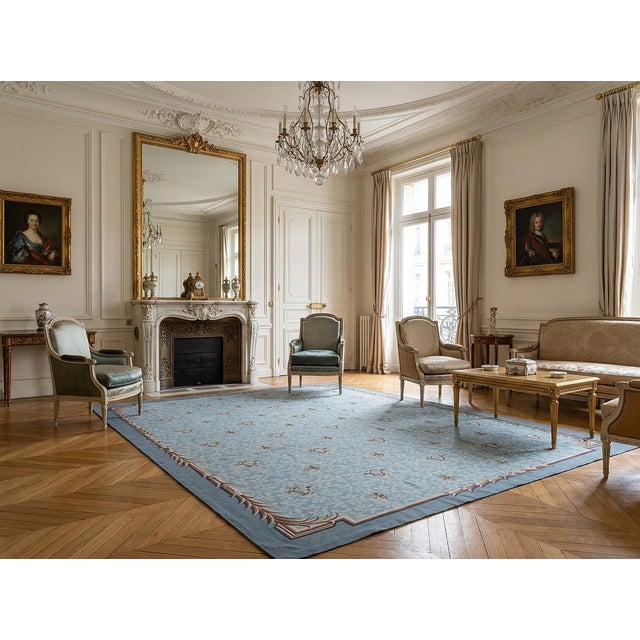 9x12 Vintage Aubusson Flat Weave Wool Rug, Blue Fleur-De-Lis For Sale - Image 13 of 15