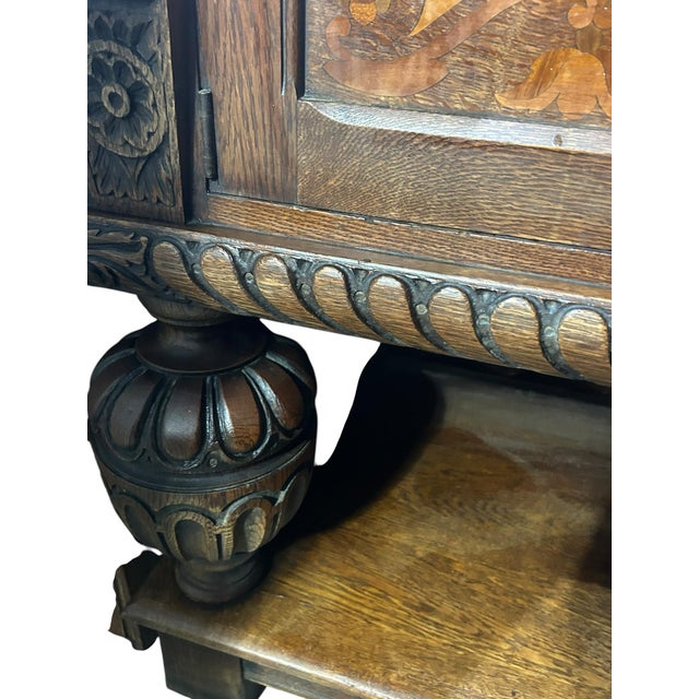Gothic Antique Flemish Carved Oak Sideboard Late 19th Century Toms-Price Chicago Provenance Grotesque Masks Marquetry Inlay For Sale - Image 3 of 7