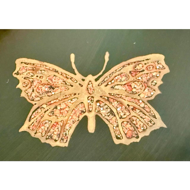 The Couroc Company Classic Vintage Mid-Century Modern Couroc of Monterey, Ca Round Tray With a Duo Butterfly Design Hand Inlaid With Multicolored Stones & Brass For Sale - Image 4 of 10