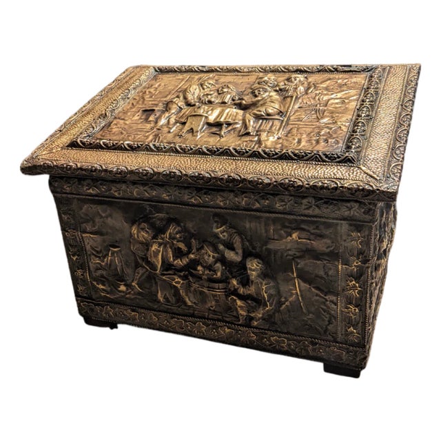 Firewood Box Repousse Antique Brass Wood Storage Container With Lid For Sale