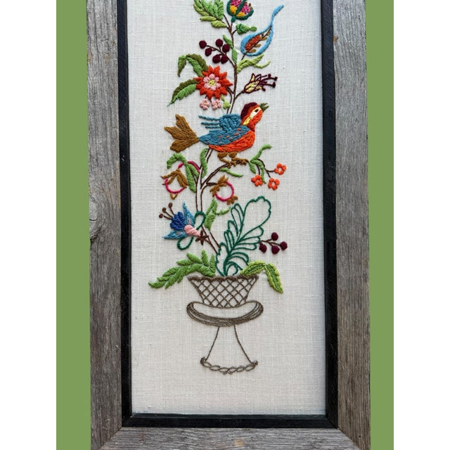 Wood Vintage Textile Framed Wall Art Jacobean Panel Duo Crewel Embroidery Butterfly Bluebird For Sale - Image 7 of 12