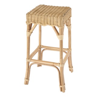 Flora 30.25 in. Seat Height Square Rattan Scalloped Backless Bar Stool, Natural Rattan For Sale