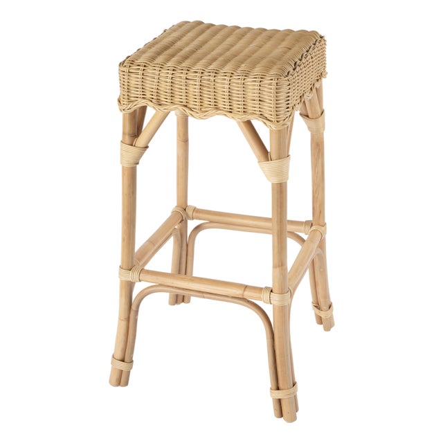 Flora 30.25 in. Seat Height Square Rattan Scalloped Backless Bar Stool, Natural Rattan For Sale