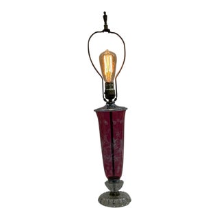 Vintage Cranberry Cut-to-Clear Glass Table Lamp on Marble Base For Sale