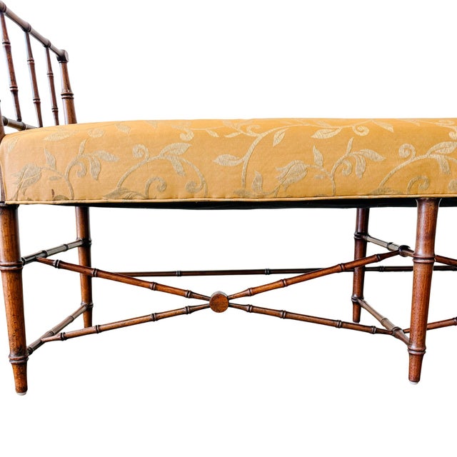 Hollywood Regency 1960s French Regency Faux Bamboo Window Bench in Gold Floral Damask For Sale - Image 3 of 9