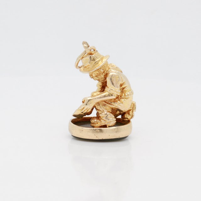 Antique 9k Gold & Jade Seal With Figural Gold Miner Watch Fob Charm For Sale - Image 9 of 12