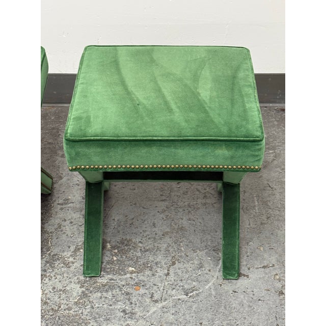 Green Hollywood Regency Style Green Velvet X-Base Ottoman Stools, Pair For Sale - Image 8 of 12