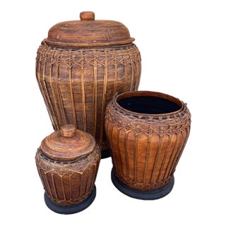 Trio of Lidded Boho Woven Rattan Nesting Containers-Set For Sale