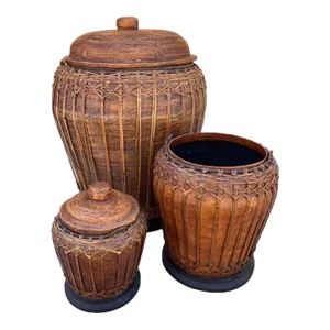 Trio of Lidded Boho Woven Rattan Nesting Containers-Set