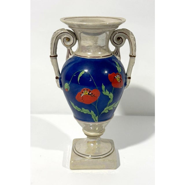 Beautiful Japanese ceramic vase with iridescent glaze and hand painted poppies