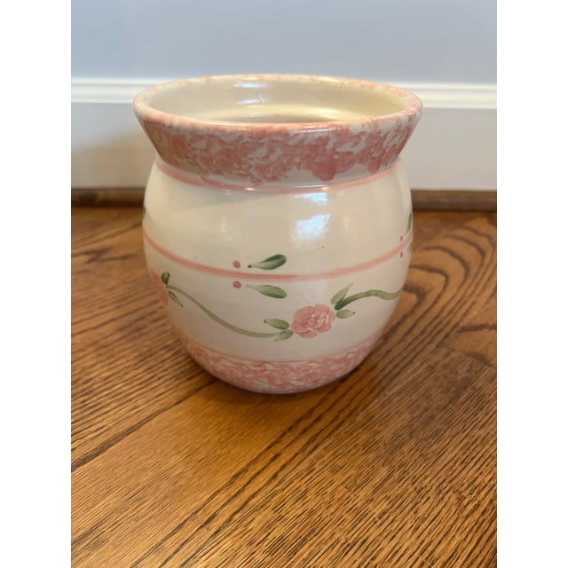 Marshall Pottery Pink Sponge-Ware Stoneware Crock. This design features hand-painted pink blossoms and green leaves with a...