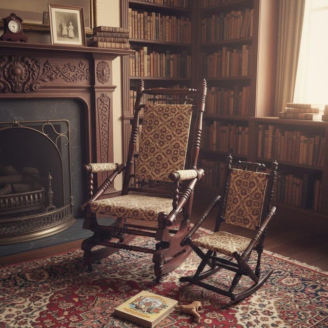 Victorian Antique Victorian Mother Child Rocking Chair Set-Spindle Wood-Pair-Nursery-Farm For Sale - Image 3 of 11