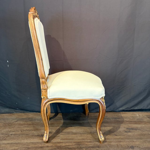 1900 - 1909 French Louis XV Walnut Dining Chairs With Gilt & New Upholstery- Set of 6 For Sale - Image 5 of 11