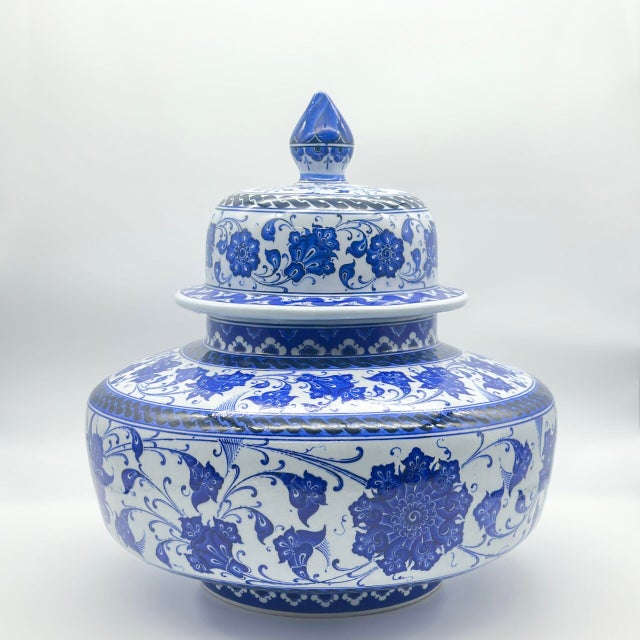 2020s Handmade Ceramic Oversized Squat Lidded Vase – Wide “Potiche” Form with Blue & White Baba Nakkas Floral Design For Sale - Image 5 of 7