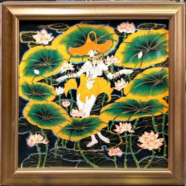 Art Deco Set of 4 Vintage Vietnamese Lacquer Enamel Cloisonne Sơn Mài Paintings in the Style of Ting Shao Kuang For Sale - Image 3 of 15