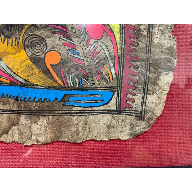Framed Folk Art Bird Painting on Textured Paper | Colorful Floral Wall Art, C. 1960’s For Sale - Image 9 of 10